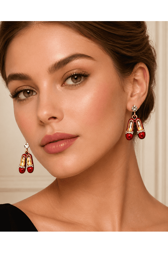 Rhinestone Ruby Slipper Red Enameled Post Earrings Ruby Red Slippers Crystal Sparkle Wizard Of Oz Style