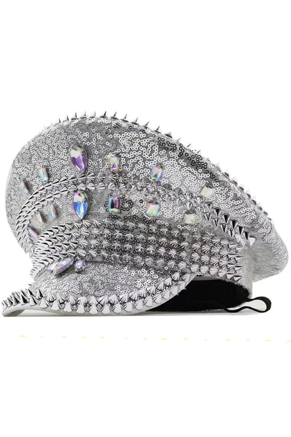 Rhinestone Sailor Beret Hat, Punk Navy Style Military Cap, Studded Fashion Beret