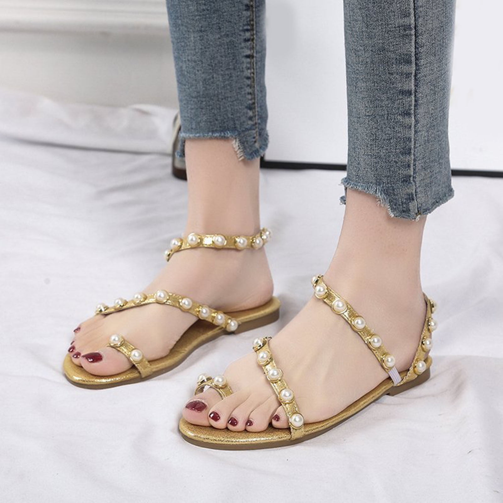 Rhinestone Sandals for Women Dressy Bohemian Pearl Crystal Flat