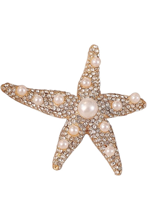 Rhinestone Shell Pearl Starfish Brooch Pin for Women Unisex Gold-Toned Fashion Crystal Star Marine Animal Brooches Lapel Pins Suit Dress Accessories Elegant Ocean Sea Beach Jewelry