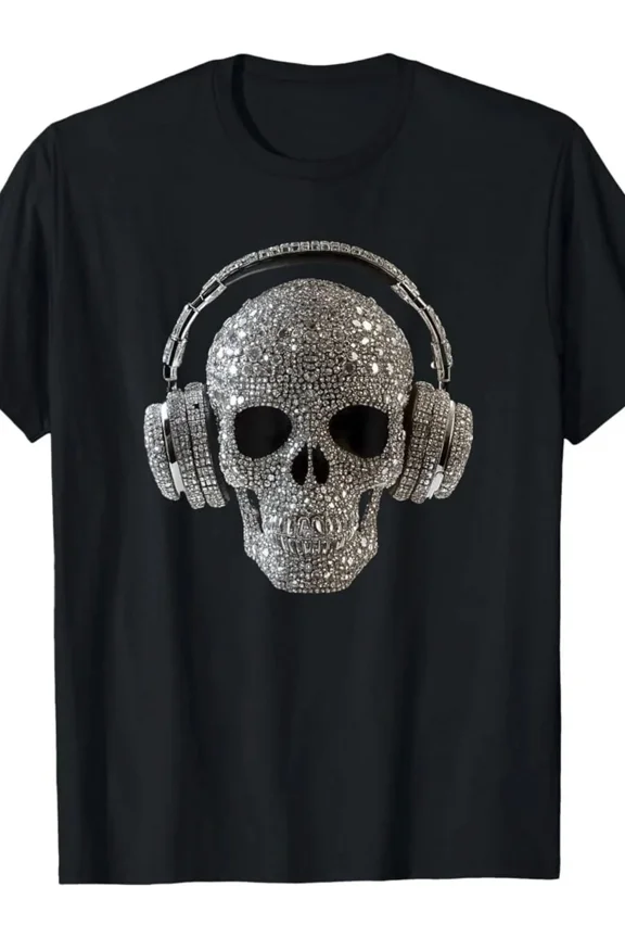 Rhinestone Skeleton Head Headphones Graphic Unisex T-Shirt ,up to size 5XL