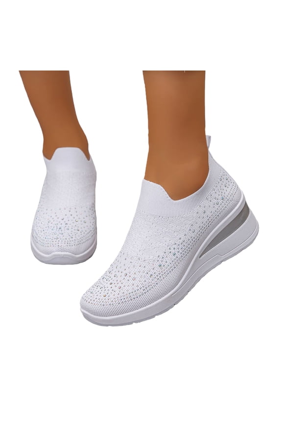 Rhinestone Sneakers for Women 2025,Women's Rhinestone Mesh Slip-On Walking Shoes Fashion Breathable Spakle Glitter Sneaker Orthopedic Wedge Lightweight Shoes Sparkly Bling Loafer,White,6.5