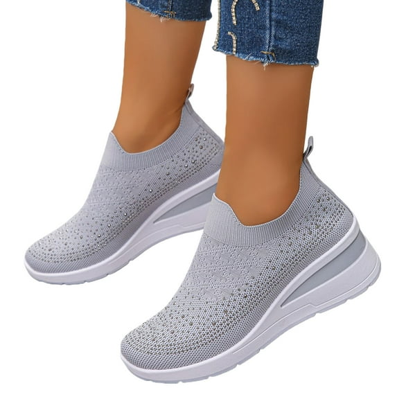 Rhinestone Sneakers for Women 2025,Women's Rhinestone Mesh Slip-On Walking Shoes Fashion Breathable Spakle Glitter Sneaker Orthopedic Wedge Lightweight Shoes Sparkly Bling Loafer,Gray,9.5