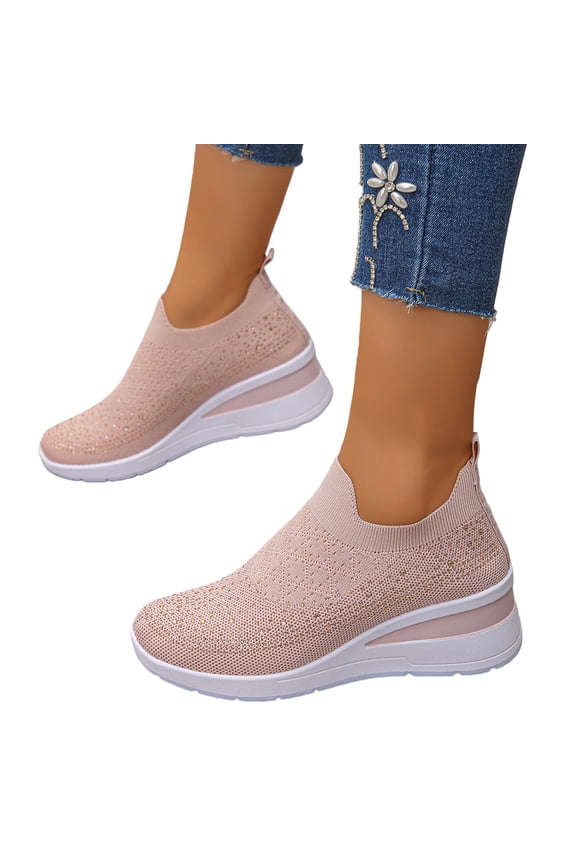 Rhinestone Sneakers for Women 2025,Women's Rhinestone Mesh Slip-On Walking Shoes Fashion Breathable Spakle Glitter Sneaker Orthopedic Wedge Lightweight Shoes Sparkly Bling Loafer,Pink,7.5