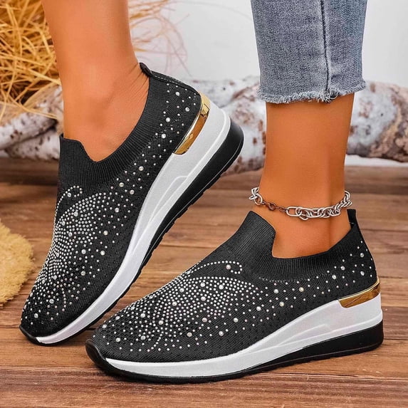 Rhinestone Sneakers for Women 2026 Mesh Slip-On Walking Shoes Women's Fashion Breathable Sparkle Glitter Sneaker Orthopedic Platform Wedge Shoes Comfortable Lightweight Bling Loafer