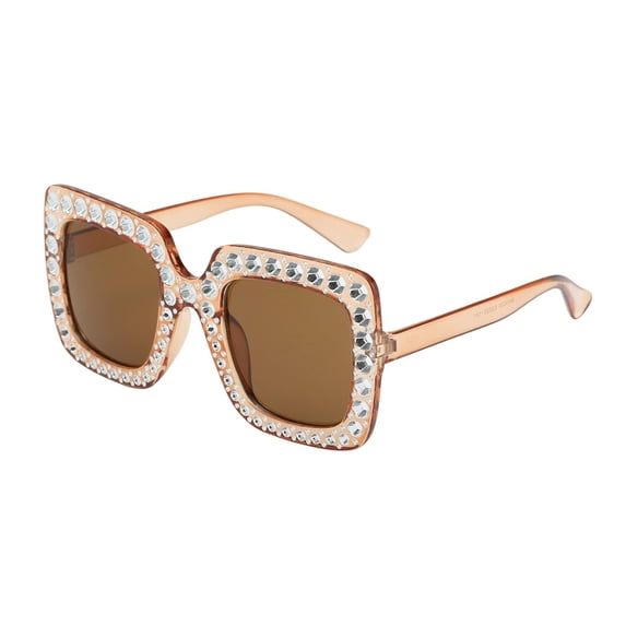 Rhinestone Square Sunglasses Crystal Bling Oversized Sun Glasses Uv Protection Fashion Shades For Beach Cycling Outdoor Activities(Brown-14.6Cm)