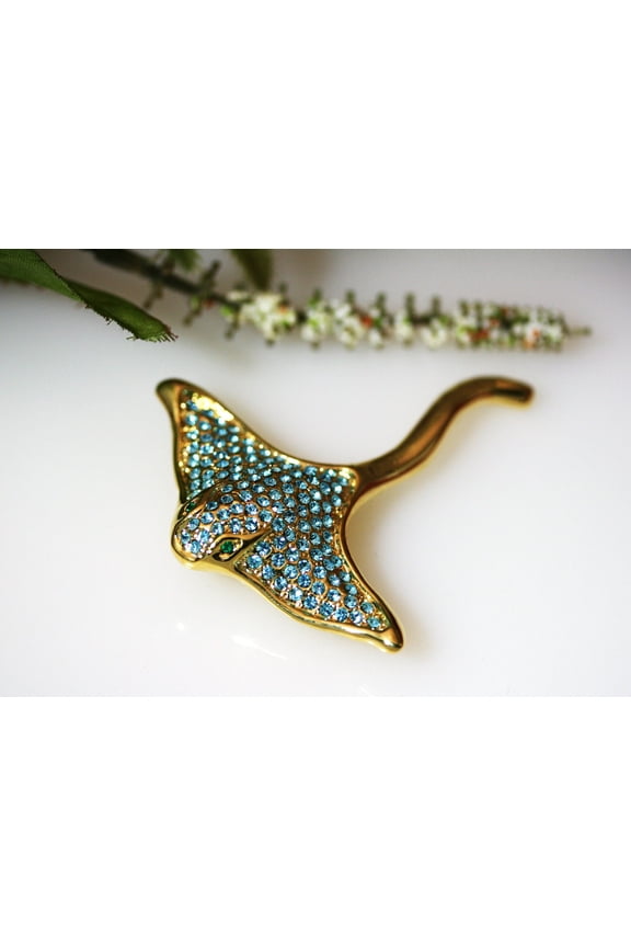 Stingray Fish Aquamarine Rhinestone Pins & Brooches, Gold-Plated