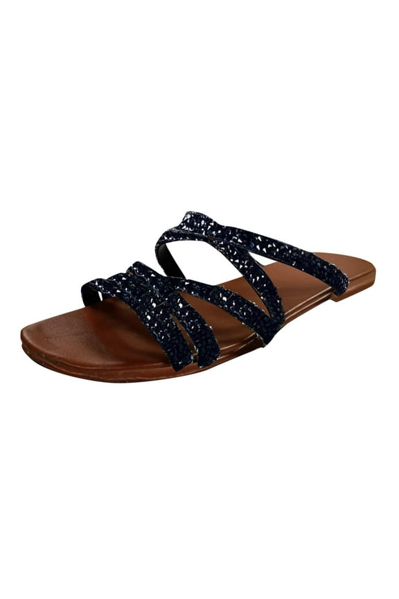 Rhinestone Strappy Slides for Women Dressy Summer Glitter Flat Sandals Open Toe Sparkly Bling Comfortable Sandals Women's Slide Sandals Slip on Casual Flat Sandals