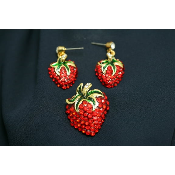 Just Love Jewels Red Ruby Crystal Strawberry Pin & Earrings Set, Strawberry Festival Gift