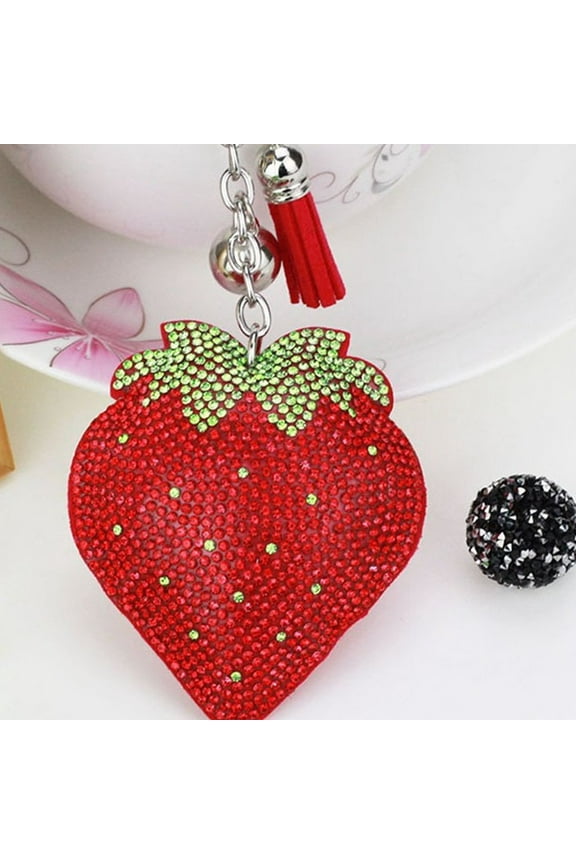 Rhinestone Strawberry Keychain with Bell, Metal Tassel Pendant for Key Rings and Bag Char