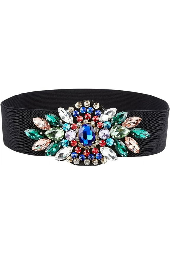 Rhinestone Stretch Belt Polyester Elastic Belt Flower Elastic Belts Rhinestone Flower Waist Belt for Dress Waist Jewelry Accessories for Women Black DIY