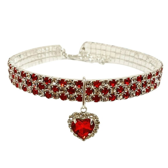Rhinestone Stretch Pet Collar, Cat Dog Necklace, Three Rows Love Pendants, Adjustable, Sparkly, for Parties/Holidays