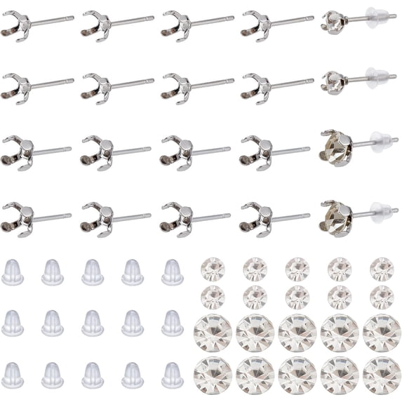 Rhinestone Stud Earring Making Kits 40 Pairs 2 Sizes 304 Stainless Steel Blanks Prong Earring Settings 80pcs Glass Pointed Rhinestones and 100pcs Plastic Ear Nuts for Earring Jewelry Making