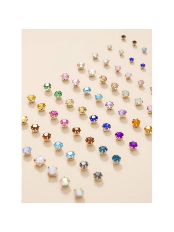Rhinestone Stud Earrings Set Multicolor-2 36 Pairs