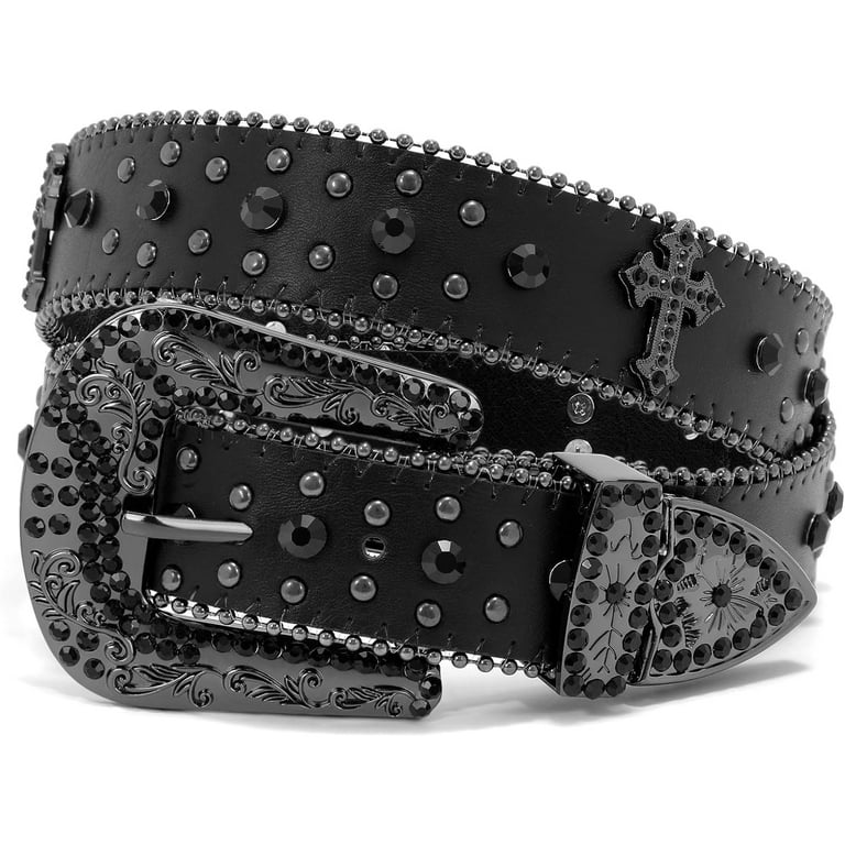 Leather Rhinestone Studded Concho Cross Belt Black Bling Buckle Country Cowgirl Western Faux Crocodile Print Cross Concho Rhinestone Studded  main image 4