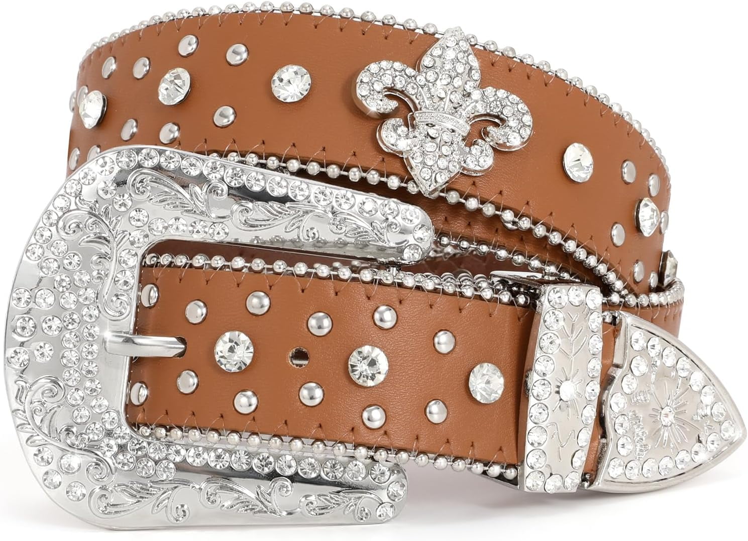 Rhinestone Studded Belt for Men Women, Western Leather Belt 