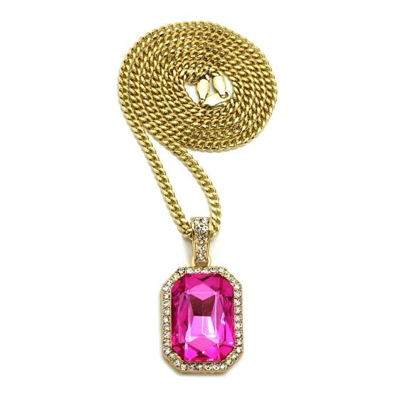 Rhinestone Studded Colored Gemstone Pendant w/ 3mm 24" Cuban Chain Necklace, Gold-Tone/Pink Stone