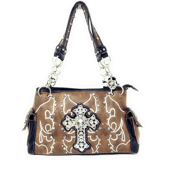 Rhinestone Studded Large Metal Cross Flora Leather Shoulder Handbag Purse In Multi Colors