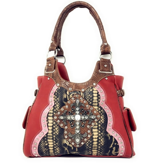 Rhinestone Studded Large Metal Cross Flora Leather Shoulder Handbag Purse In Multi Colors