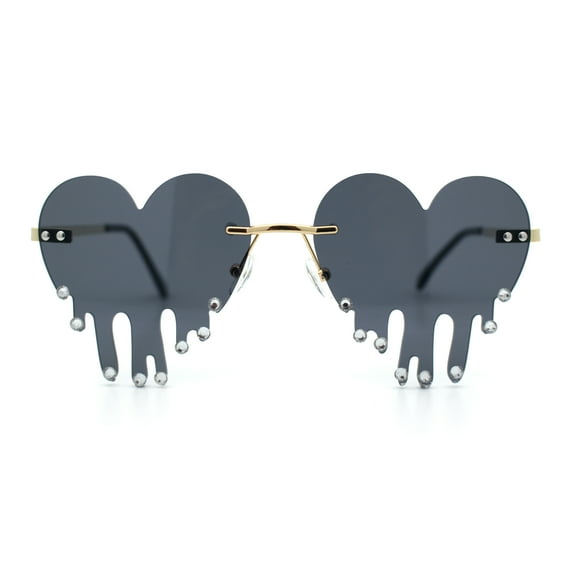 Rhinestone Studded Rimless Melting Heart Valentine Hippie Sunglasses Gold - Black