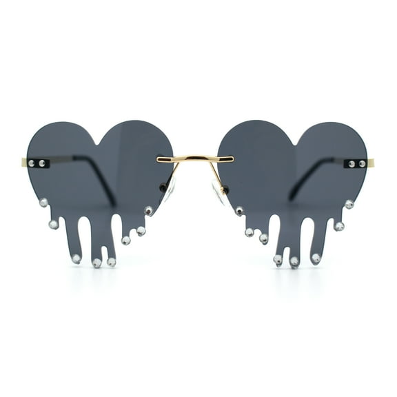 Rhinestone Studded Rimless Melting Heart Valentine Hippie Sunglasses Gold - Black