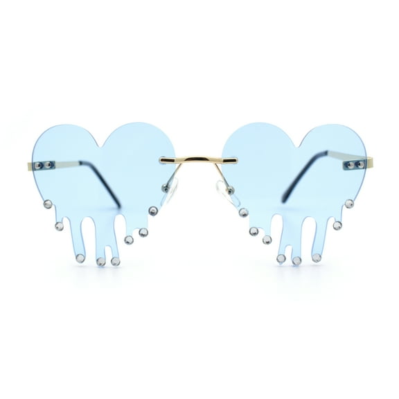 Rhinestone Studded Rimless Melting Heart Valentine Hippie Sunglasses Gold - Blue