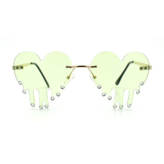 Rhinestone Studded Rimless Melting Heart Valentine Hippie Sunglasses Gold - Green