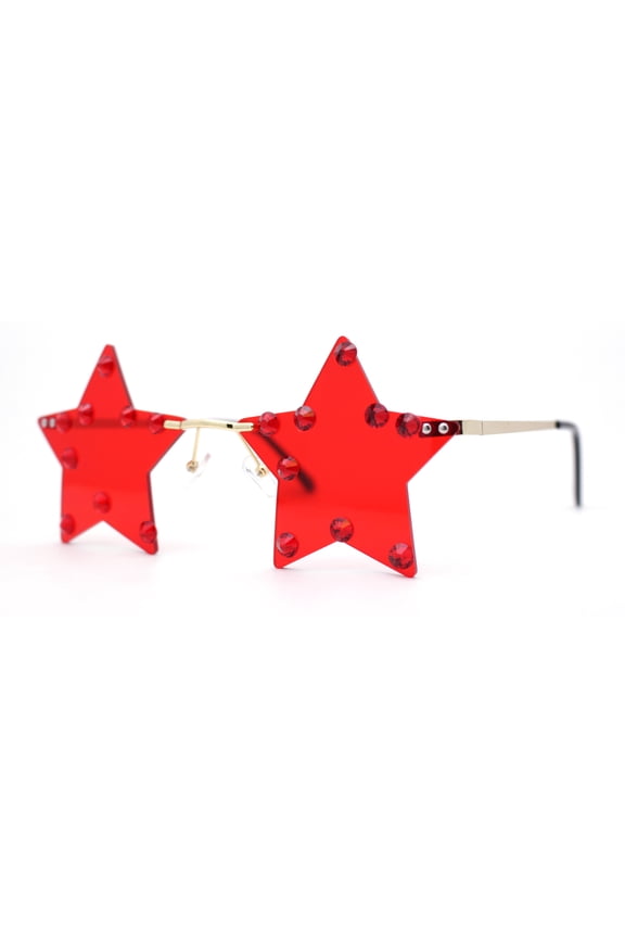 Rhinestone Studded Rimless Star Shape Hippie Color Sunglasses Gold - Red