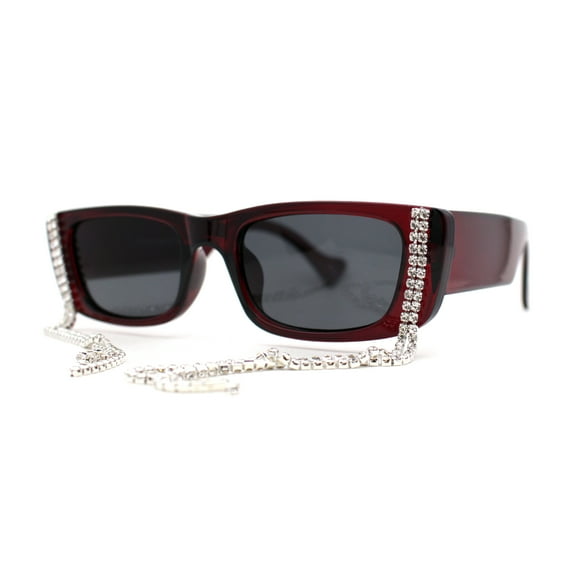 Rhinestone Tassel Jewel Chain Mod Rectangle Sunglasses Burgundy Black