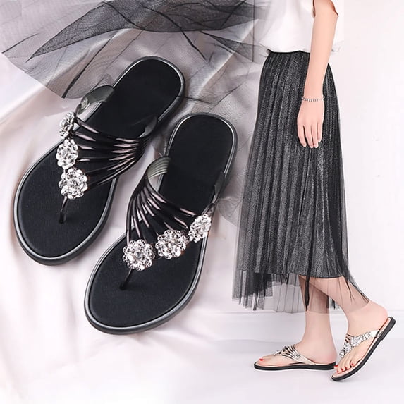 Rhinestone Thong Sandals for Women Sparkly Flat Flip Flops Bling Summer Beach Sandals for Casual Outdoor Daily Vacation Wear