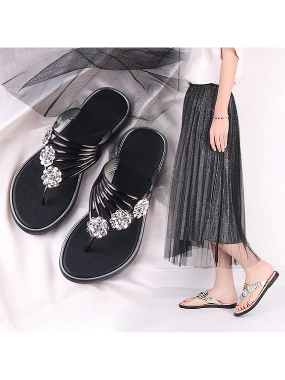 Rhinestone Thong Sandals for Women Sparkly Flat Flip Flops Bling Summer Beach Sandals for Casual Outdoor Daily Vacation Wear