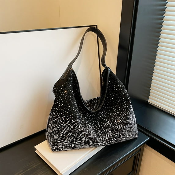 Rhinestone Tote Bag for Women | Stylish Suede Shoulder Handbag Purse | Large Capacity Zipper Satchel | Soft Nylon Spandex | 30x14x35cm | Lightweight Fashion Messenger