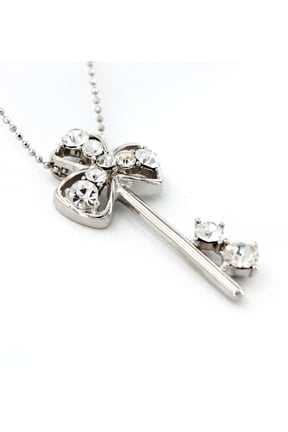 Rhinestone Tree-Leaf Clover Key Charms Necklaces - Clear - NE-JVSN8625CL