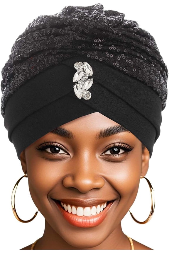 Rhinestone Turban Hat for Women Sequin Stretch Headwarp Pre Tied Head Cover Bonnet Muslim Crysta Pleated Headscarf Hat
