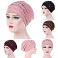thumbnail image 1 of Rhinestone Turban Wrap Cap for Women Muslim Style Ruffle Beaded Beanie, 1 of 2