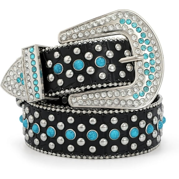 Rhinestone Turquoise Belt for Women Men Western Cowboy Cowgirl Bling Studded Rivet Leather Belt