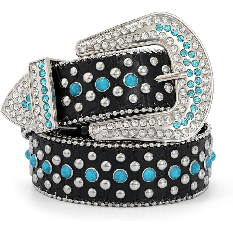 Turquoise Studded Cross Leather Belt Strait City image: goth cross turquoise belt black 50141v2 main image 4