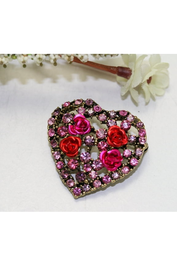Rhinestone Valentine's Day Heart With Roses Pin Brooch, Valentine's Da Jewelry Gift For Her
