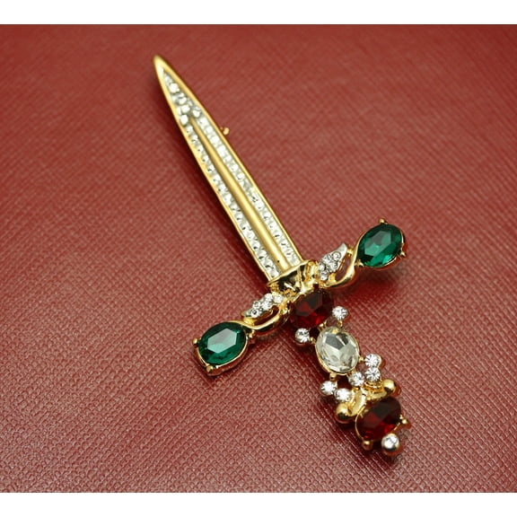Rhinestone Vintage Sword Brooch, Christine Religious Sword Pin Sword Dagger Saber Pin Brooch Scepter Rhinestone Crystal Jeweled