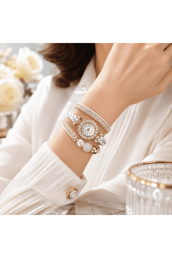 Rhinestone Watch For Women Featuring Small Round Analog Dial Layered Bracelet Bands Pearl Style Beads And Braided Wrap Straps