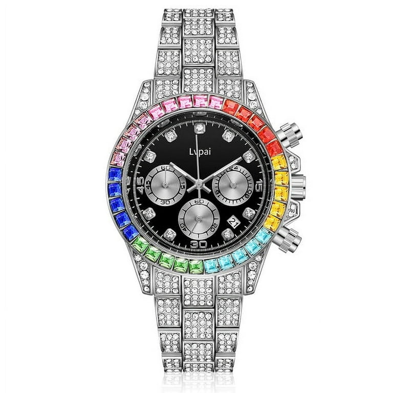 Rhinestone Watch Women Men Luxury Full Micro Pave Iced Out Colorful Stones  Cubic Zirconia Stainless Steel 3 Eyes Watches Men - Quartz Wristwatches