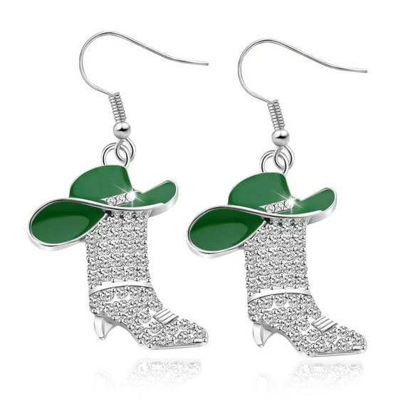 Rhinestone Western Boots Earrings for Women, Bohemian Cowgirl Cowboy Enamel Hat Boot Earrings for Party Outfits Jewelry Gift (Green)