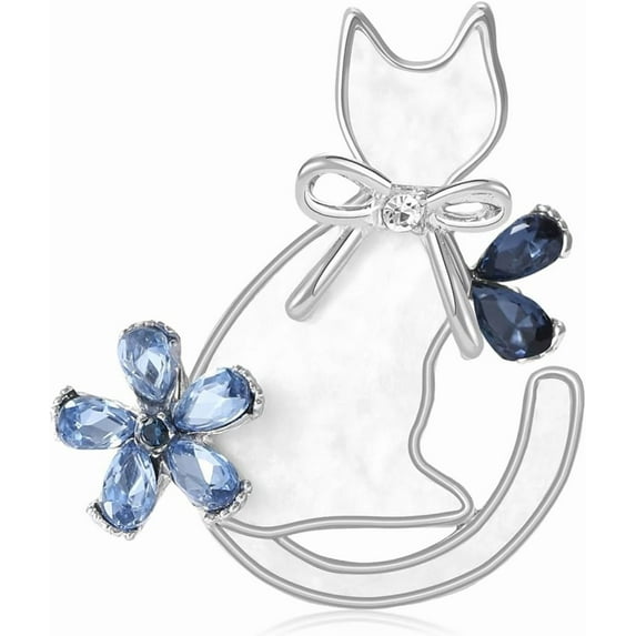 Rhinestone White Cat Brooches and Pins for Women Cartoon Enamel Crystal Flower Kitten Brooch Lapel Pin Suit Collar Hat Dress Accessories Decorations Ornaments Christmas Halloween Jewelry