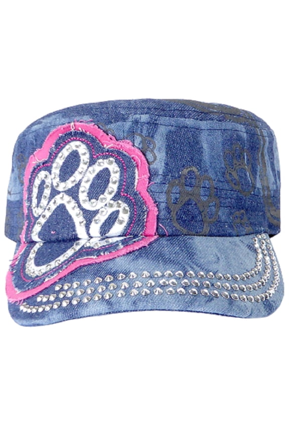 Rhinestone Women's Paw Print Cadet Cap - Splash Dark Denim