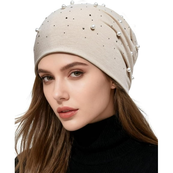 Rhinestone and Pearl Beanie for Women - Lightweight Sparkly Slouchy Skull Cap, Fashion Beanies Hats for Spring Fall