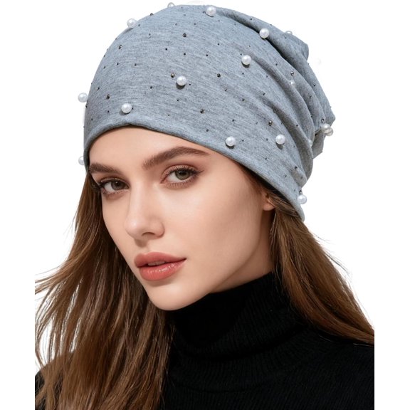 Rhinestone and Pearl Beanie for Women - Lightweight Sparkly Slouchy Skull Cap, Fashion Beanies Hats for Spring Fall