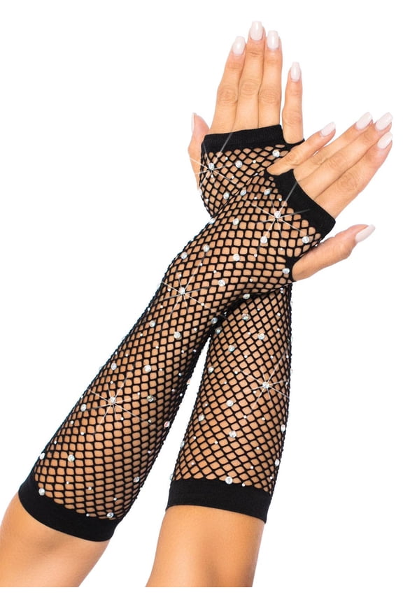 Rhinestone fishnet arm warmers - O/S / BLACK