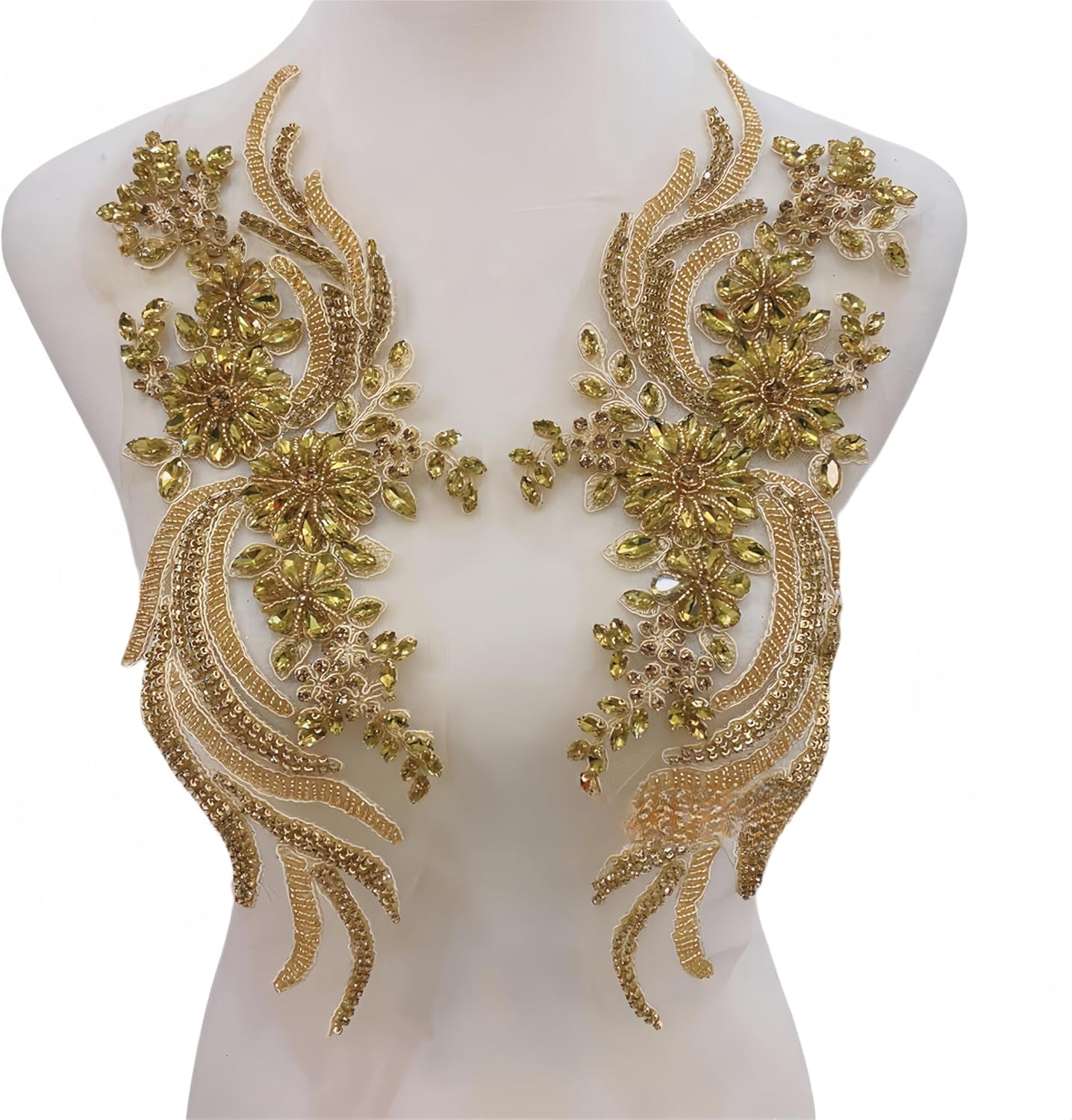 Rhinestones Beaded Appliques Embellishments: Rhinestone Applique, Retro Embroidered Lace Pure Handmade Shining Rhinestones Appliques for Dresses Wedding Dress DIY Accessories, Gold Applique (Gold)