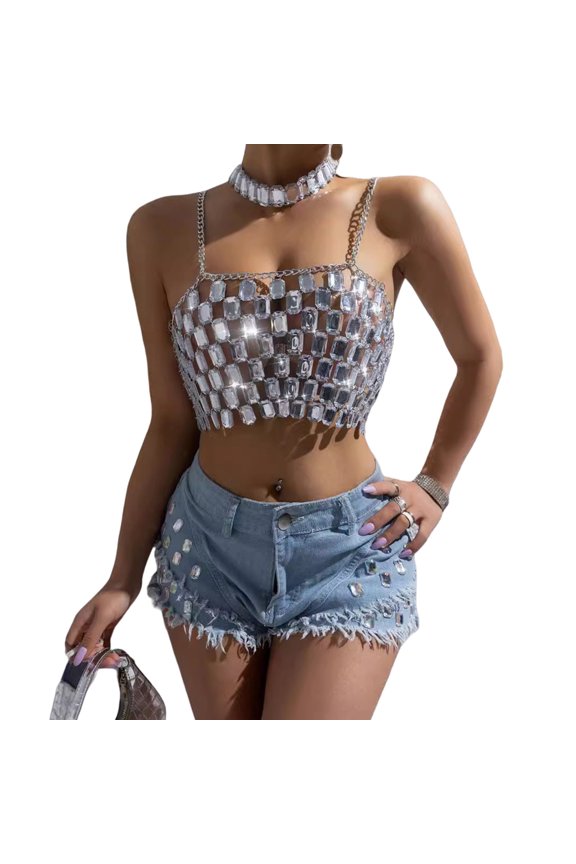 Rhinestones Body Chain Crop Top Raves Party Body Jewelry Bikinis Coverups Backless Tanks Top Clubwear for Women