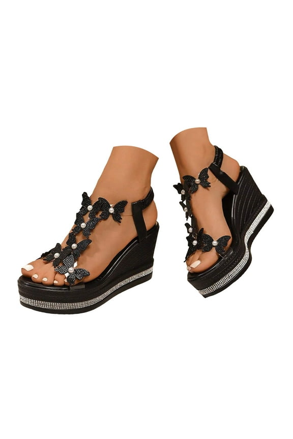Rhinestones Butterfly Dress Sandals for Women 2025 Glitter Platform Wedge Ultra High Heel Dressy Sandals